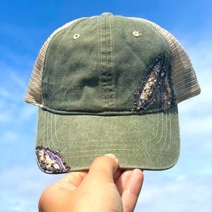 Custom painted cap with gem detail and adjustable mesh back